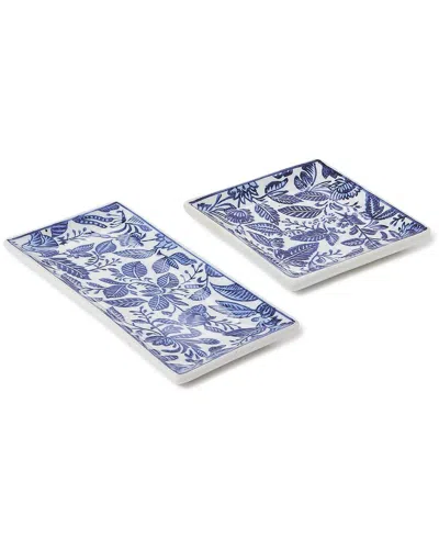 Two's Company Set Of 2 Chinoiserie Hand-painted Trinket / Desk Trays In Blue