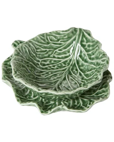 Two's Company Set Of 2 Cruciferous Leaf Textured Bowl & Plate In Green
