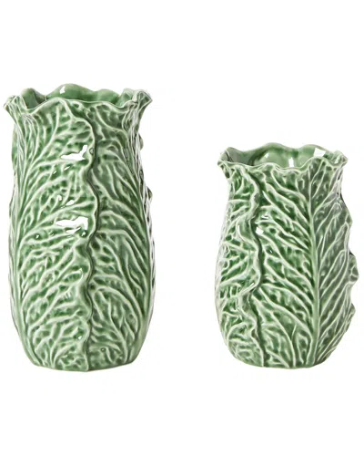 Two's Company Set Of 2 Cruciferous Leaf Textured Vases In Green