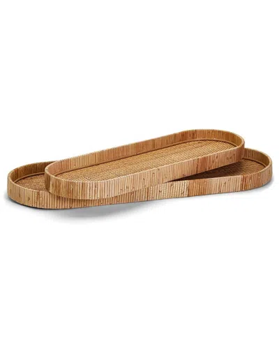 Two's Company Set Of 2 Decorative Hand-crafted Natural Rattan Trays In Beige