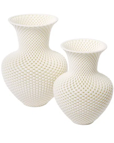 Two's Company Set Of 2 Filigree Vases In White