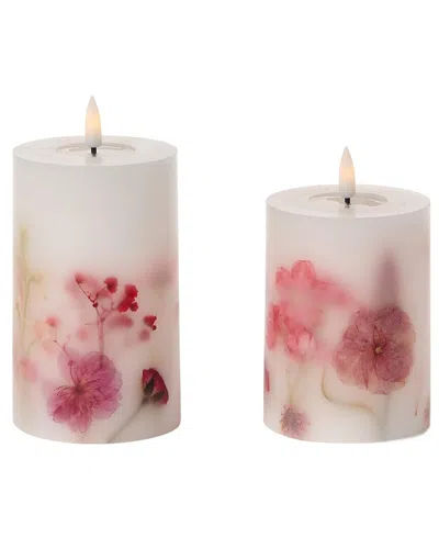 Two's Company Set Of 2 Flickering Flameless Wax Pillar Candles With Pressed  Flowers & Melt Pool Eff In Multi
