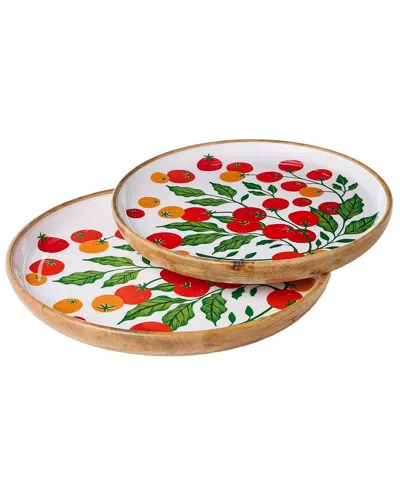 Two's Company Set Of 2 Garden Harvest Hand-crafted Wooden Round Trays With  Enamel In Multi