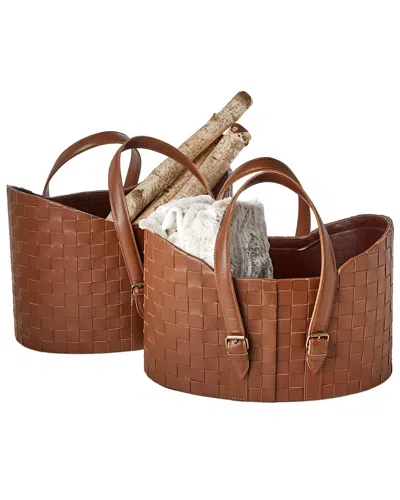 Two's Company Set Of 2 Genuine Leather Basketweave Storage Baskets In Brown