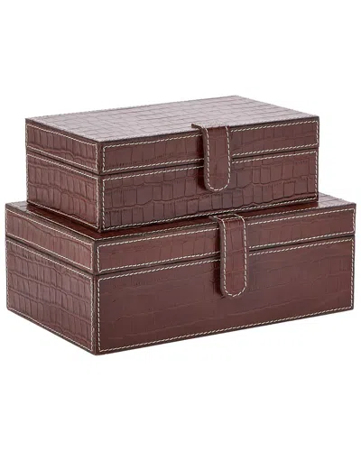 Two's Company Set Of 2 Genuine Leather Reptile Pattern Storage Boxes In Brown