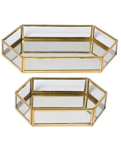 Two's Company Set Of 2 Glass & Brass Hexagon Glass Trays In Multi