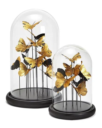 Two's Company Set Of 2 Golden Butterflies In Dome In Black