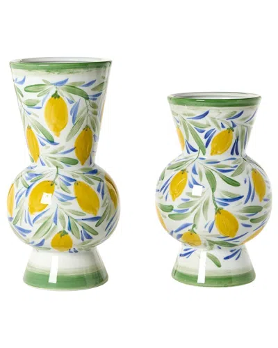Two's Company Set Of 2 Hand-painted Lemon Vases In Green
