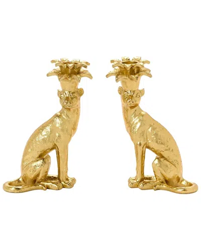 Two's Company Set Of 2 Leopard Taper Candlestick Candleholders In Gold