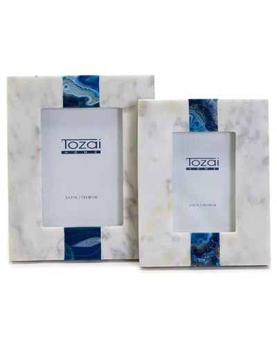 Two's Company Set Of 2 Marble With Agate Inlay Photo Frames In White