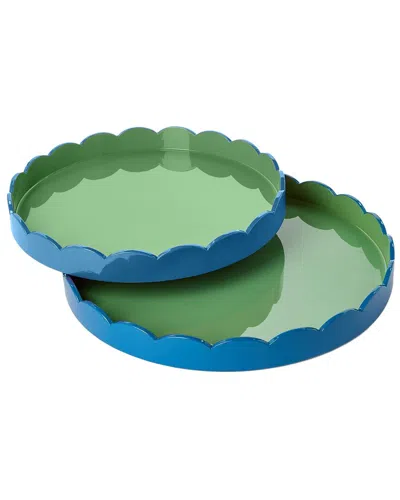 Two's Company Set Of 2 Scalloped Dual Tone Lacquered Trays In Green