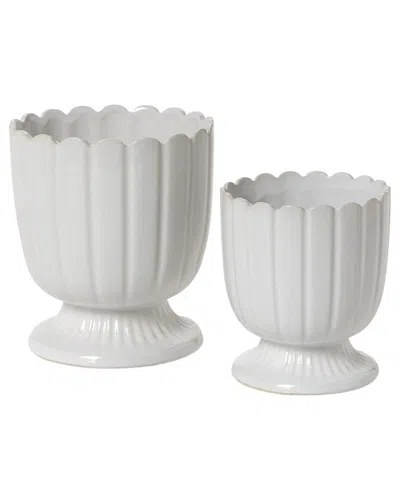 Two's Company Set Of 2 Scalloped Edge Planters In White