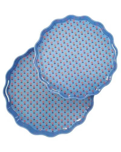 Two's Company Set Of 2 Scalloped Lacquered Trays In Blue