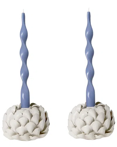 Two's Company Set Of 2 Sea Shell Bud Vases / Taper Candleholders In White