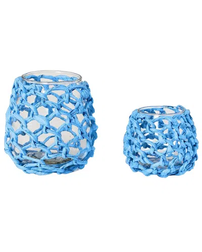 Two's Company Set Of 2 Wrapped Paper Rope Tealight Candleholders In Blue