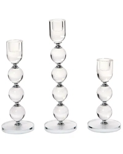 Two's Company Set Of 3 Bobbin Crystal Taper Candleholders In White