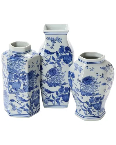 Two's Company Set Of 3 Chrysanthemum Hand-painted Vases In Blue
