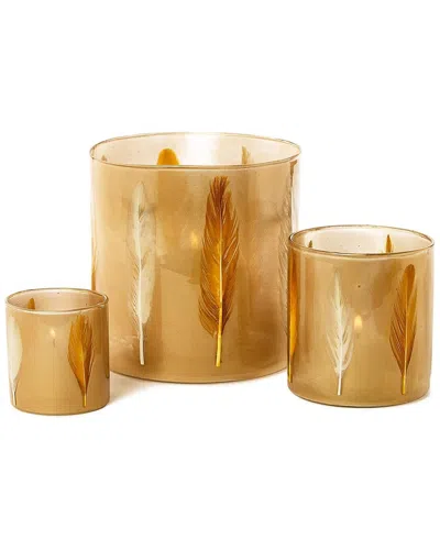 Two's Company Set Of 3 Feather Hurricane Candleholders In Gold