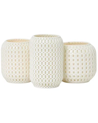 Two's Company Set Of 3 Filigree Candle Holders In White