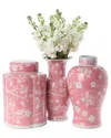 Two's Company Set Of 3 Hand-painted Chinoiserie Vases In Pink
