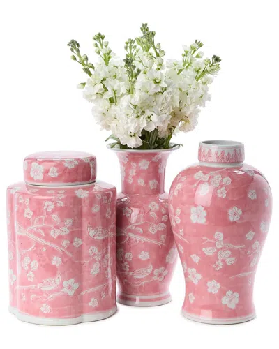 Two's Company Set Of 3 Hand-painted Chinoiserie Vases In Pink