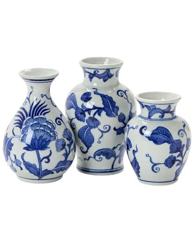 Two's Company Set Of 3 Hand-painted Floral Chinoiserie Vases In Blue