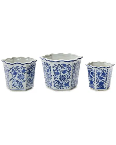 Two's Company Set Of 3 Hand-painted Floral Planters In Blue
