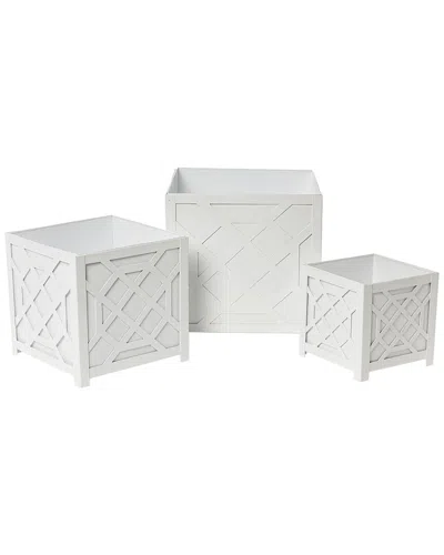 Two's Company Set Of 3 Laser Fretwork Square Metal Planters In White