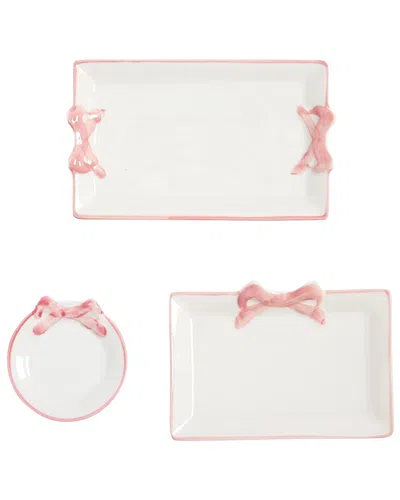 Two's Company Set Of 3 Pretty Bow Hand-painted Trays In White