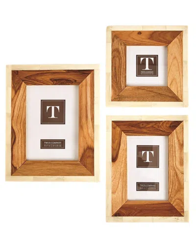 Two's Company Set Of 3 Wood & Bone Photo Frames In Beige