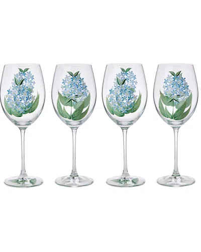 Two's Company Set Of 4 Hydrangea Hand-painted Stemmed Wine Glasses In Multi