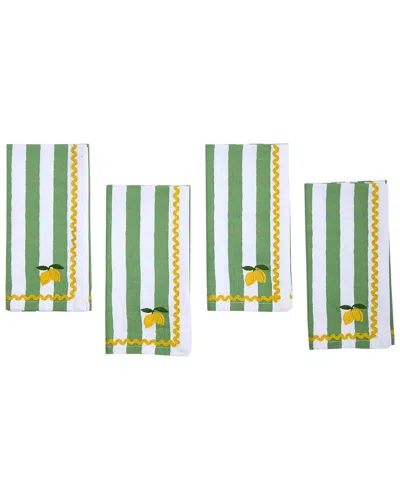Two's Company Set Of 4 Lemon Embroidered Cloth Dinner Napkins In Green