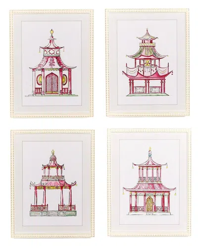 Two's Company Set Of 4 Pagoda Beaded Framed Wall Art Prints In Multi