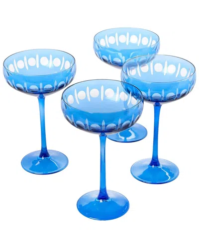 Two's Company Set Of 4 Sparkling Cut Hand-engraved Coupe Wine Glasses In Blue