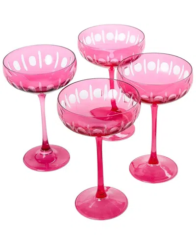 Two's Company Set Of 4 Sparkling Cut Hand-engraved Coupe Wine Glasses In Pink