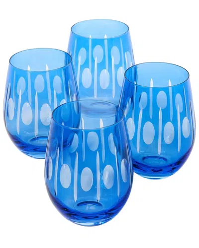 Two's Company Set Of 4 Sparkling Cut Hand-engraved Stemless Wine Glasses In Blue