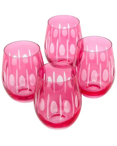 Two's Company Set Of 4 Sparkling Cut Hand-engraved Stemless Wine Glasses In Pink