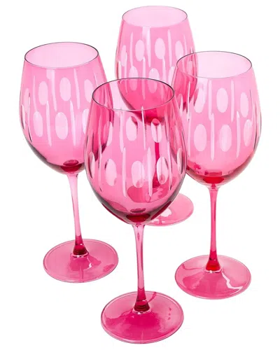 Two's Company Set Of 4 Sparkling Cut Hand-engraved Stemmed Wine Glasses In Pink