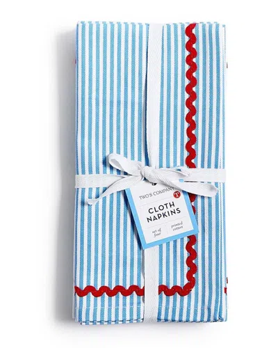 Two's Company Set Of 4 Stripe Ric Rac Trim Cloth Dinner Napkins In Blue