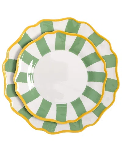 Two's Company Set Of 4 Striped Dinner Plates In Green