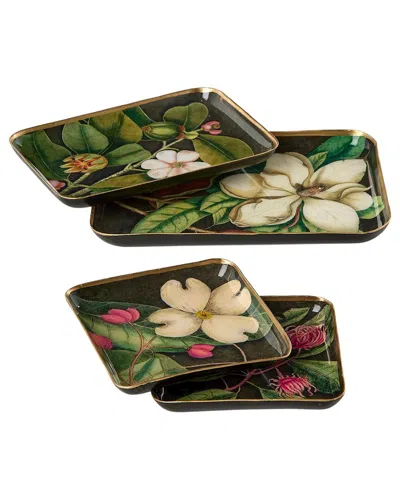 Two's Company Set Of 4 Vintage Floral Print Metal Trays In Green