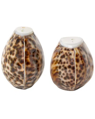 Two's Company Tiger Cowrie Salt & Pepper Shaker Set In Jute Pouch In Brown