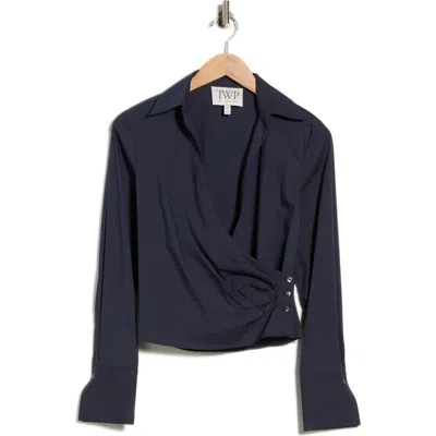 Twp All Wrapped Up Cropped Cotton-blend Poplin Wrap Shirt In Blue