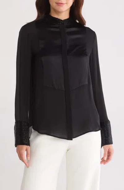 Twp Beaded Trim Silk Button-up Shirt In Black