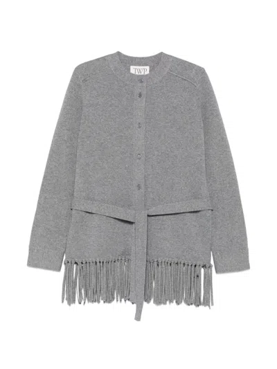 Twp Belted Fringe-trim Cardigan In Gray