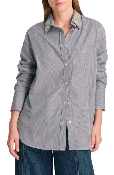 Twp Big Joe Stripe Crystal Embellished Cotton Button-up Shirt In Midnight/white
