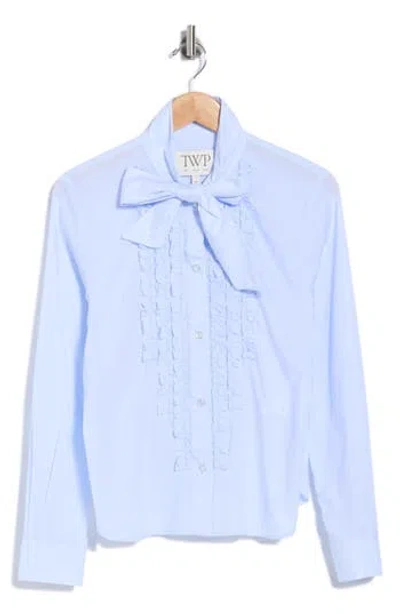 Twp Connor Ruffle Cotton Shirt With Tie In Blue
