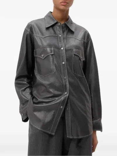 Twp Contrast-stitch Leather Shirt In Gray