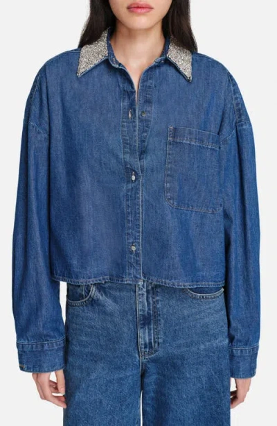 Twp Crystal Collar Denim Button-up Shirt In Blue