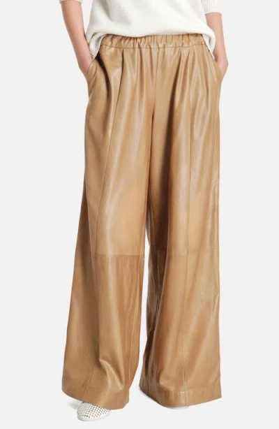Twp Eva Side Stripe Wide Leg Leather Pants In Brown